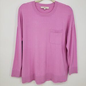 3/$25 LOFT Relaxed Fit Crew Neck Sweater L Chest Pocket Pullover Pink